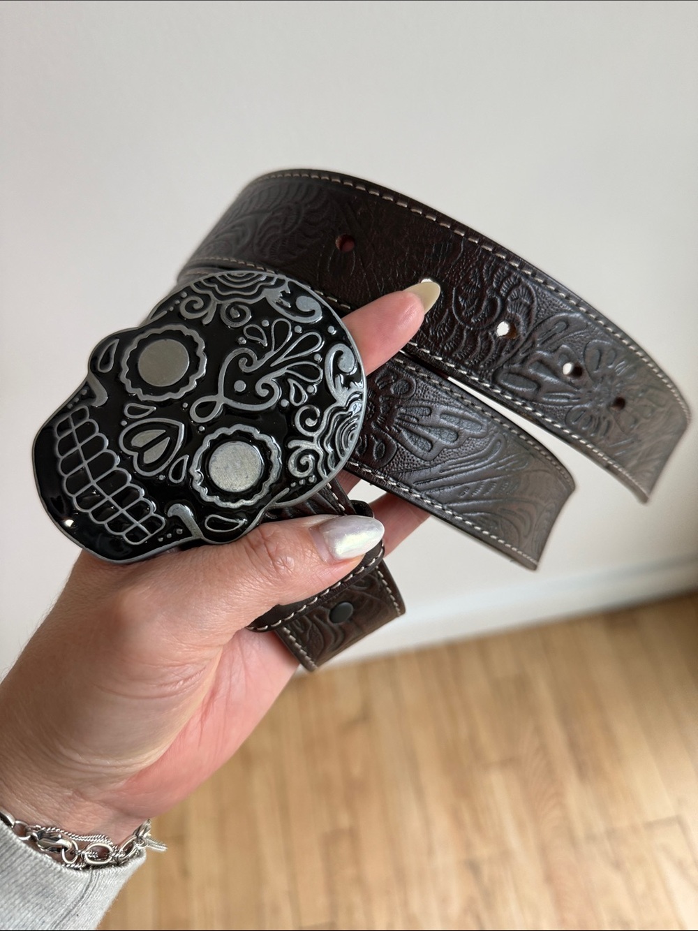 Men's Dark Brown Embossed Leather Belt with Skull Buckle